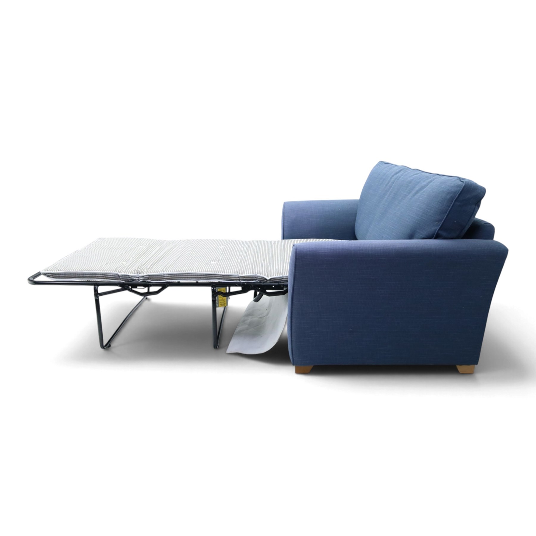 Contemporary blue small sofa bed, shaped arms with loose seat cushions, stowed bed beneath, raised on light wood feet