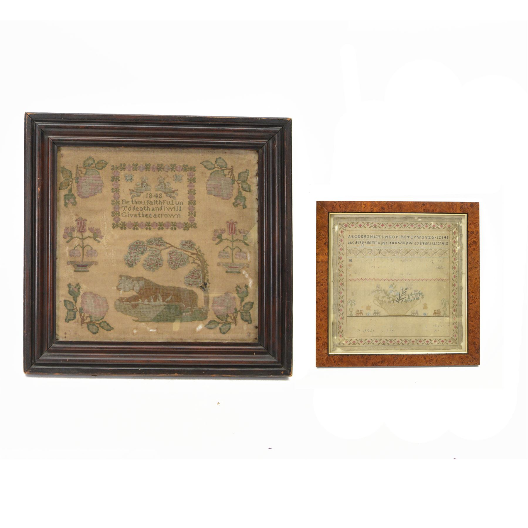 19th century sampler, finely worked with religious verse 'Be Thou Faithful Unto Death and I will give Thee a Crown' within a flowering vine border above a cow under a tree and roses to the corners, framed, H56cm, together with another sampler 