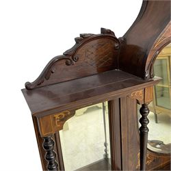 Late Victorian mirror back sideboard, the raised mirror back with four bevelled mirror panels, inlaid with scrolling leafage and floral cornucopias, the lower drop-centre base fitted with central double cupboard enclosed by bevel glazed doors, two flanking panelled cupboards with inlay and single drawer, on turned feet