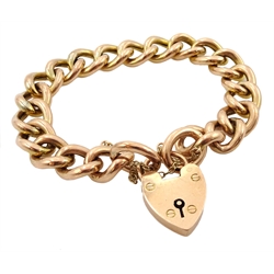  Early 20th century rose gold curb link bracelet with heart locket, stamped 9ct, each link stamped 9  