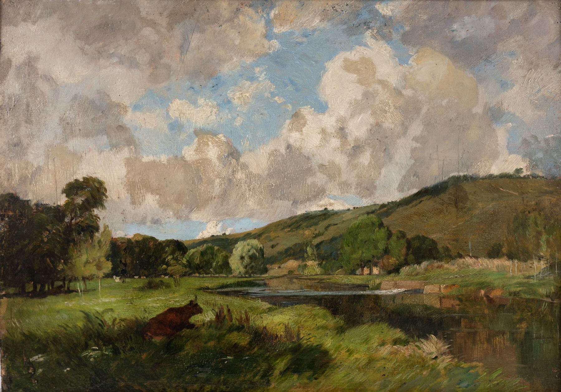 English School (19th Century): Cows Resting Beside the River, oil on board unsigned 31cm x 45cm 