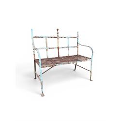Regency period wrought iron strapwork garden bench, cresting rail with central Scottish thistle motif and flanking pediments, in distressed blue painted finish