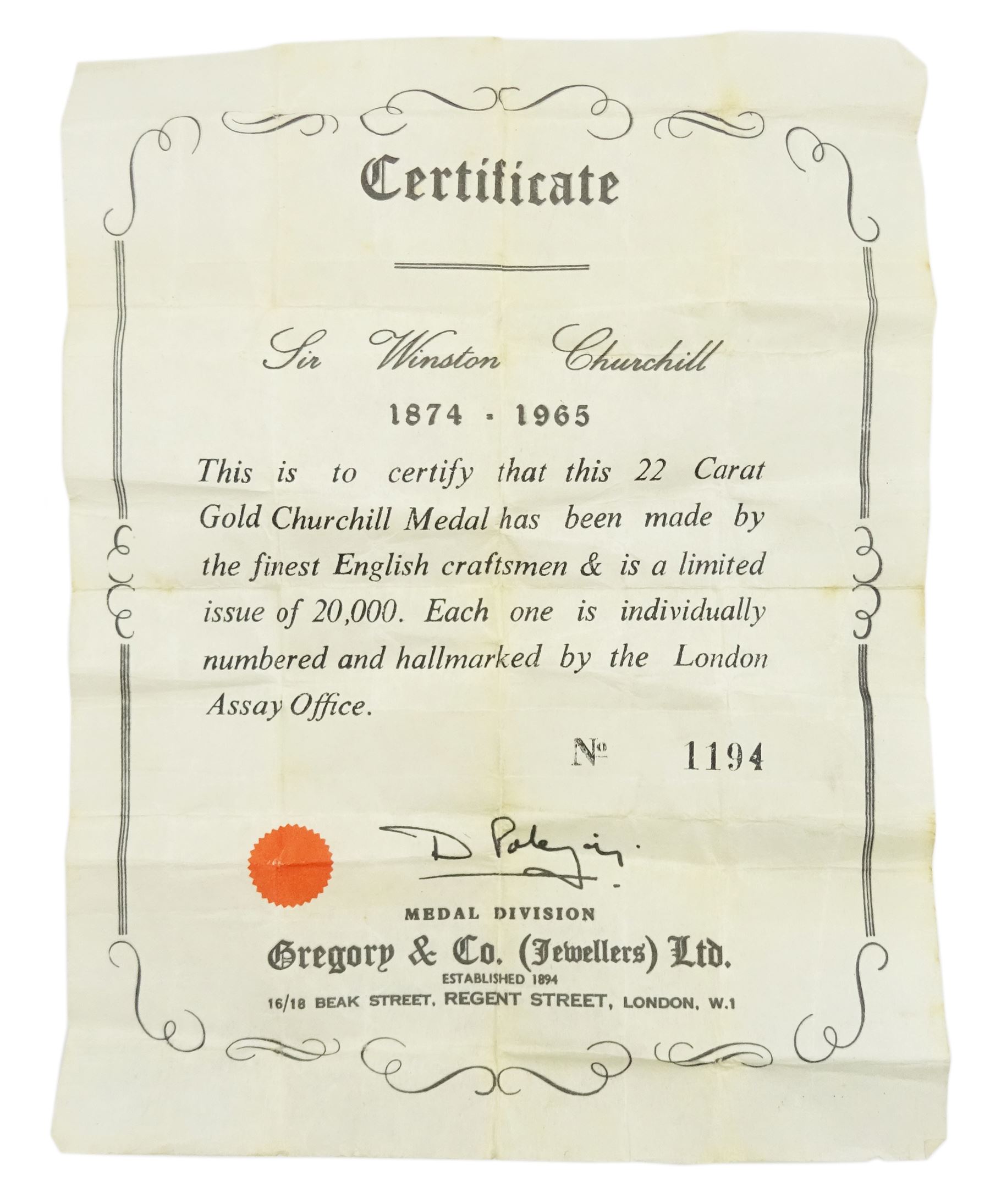 22ct gold Winston Churchill medallion, London 1965, boxed with certificate