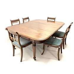 19th century style mahogany dining table, turned supports and castors (W185cm, D137cm, 72cm), together with six dining chairs, moulded top rail and carved mid rail, upholstered seat and shaped supports (W50cm)