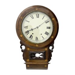 American- late 19th century 8-day mahogany drop dial wall clock, with a spun brass bezel a...