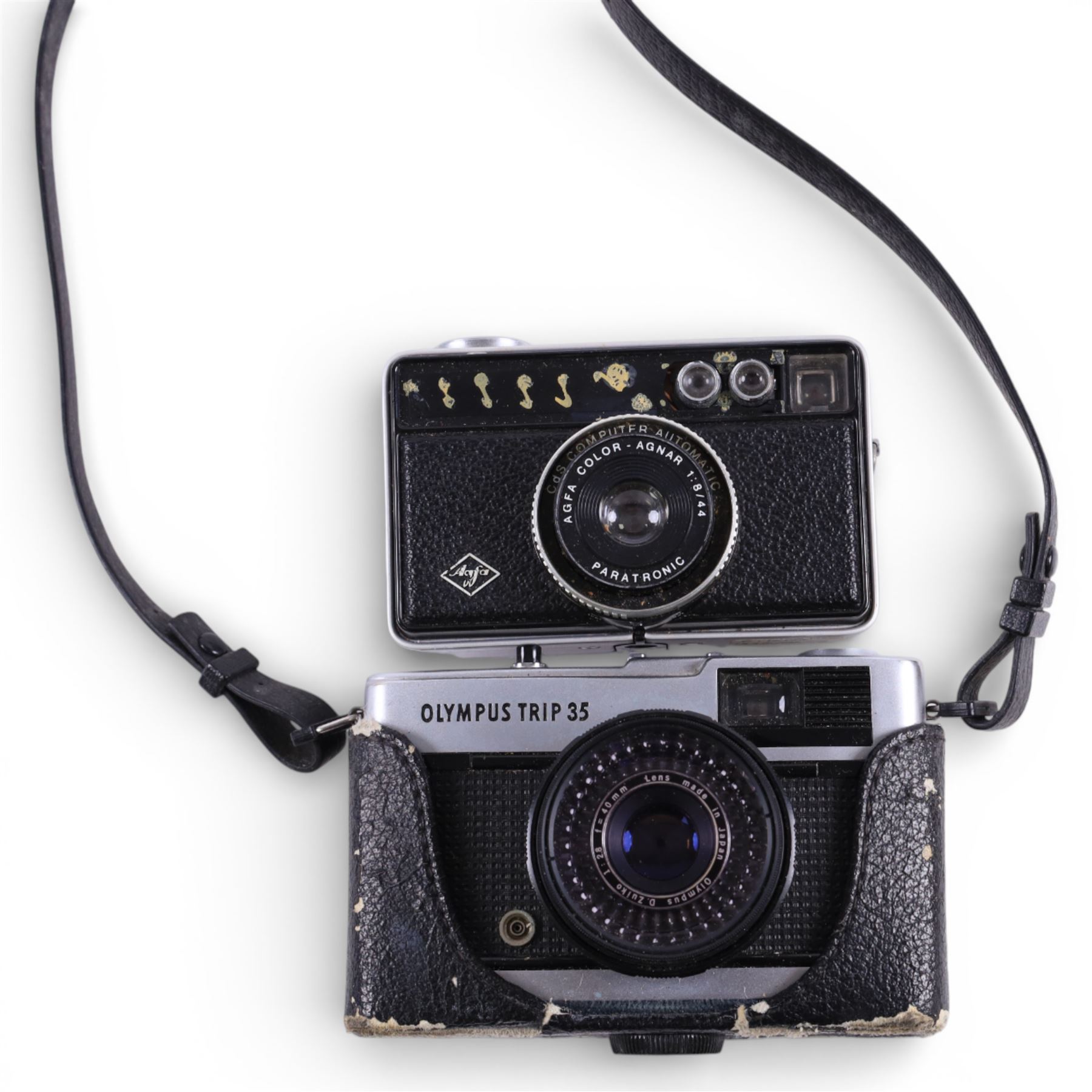 Vintage 35mm cameras, including two Olympus Trip 35, Halina Easy Matic, Hanimex 35HS, Agfa, Cosina 35E, etc