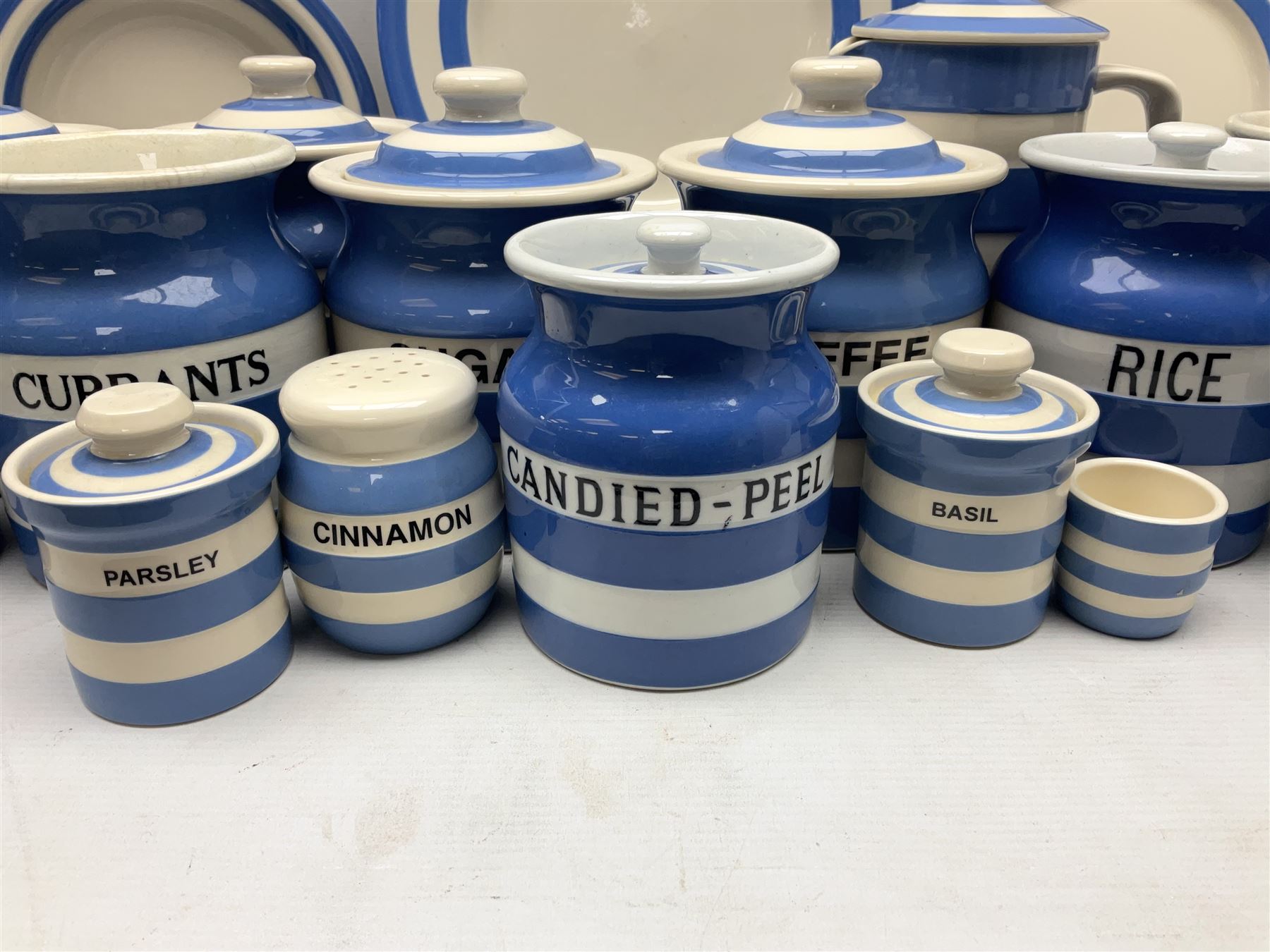 TG Green Cornish kitchen ware, to include coffee pot, pint milk jug, nine storage jars for various items, four dinner plates, etc (25)