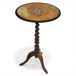 19th century brass inlaid wine table, on a barley twist column terminating in three cabrio...
