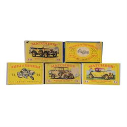 Thirty-four Matchbox/Lesney Models of Yesteryear diecast models, including Lesney No. 12 Horse Bus, No. 3 Tramcar, No.6 Supercharged Bugatti Type 35, No.2 London Bus and No.4 Shand Mason Horse Drawn Fire Engine, twenty-six boxed, eight loose