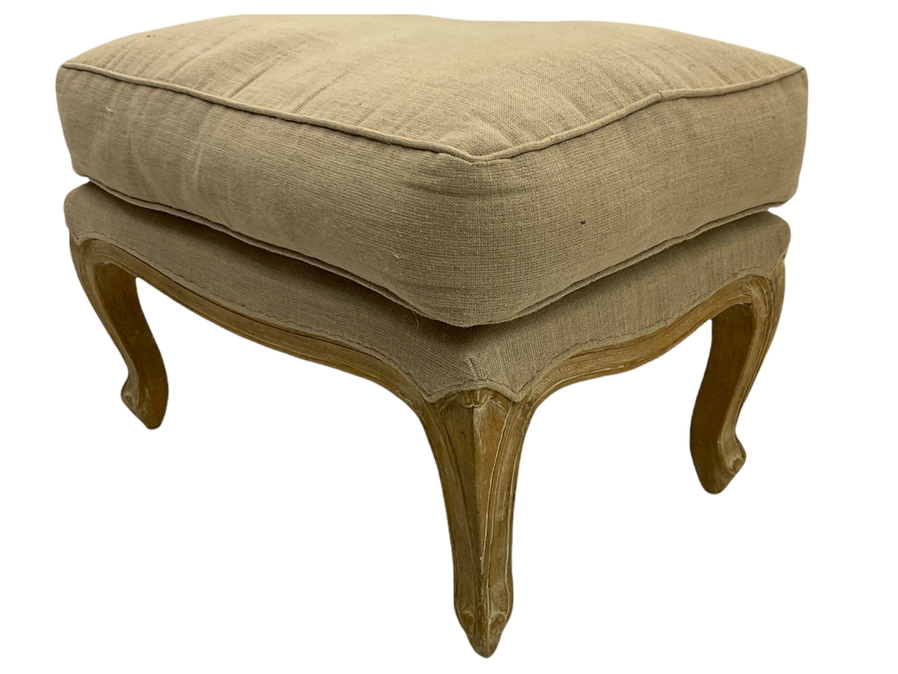 French rectangular footstool, upholstered in hessian type cover, with