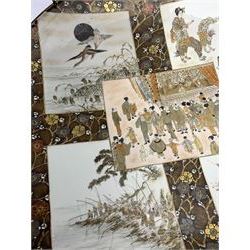 Pair of Japanese Meiji period (1868-1912) wall chargers, each painted with five panels, two depicting water birds in flight, the others depicting various figural scenes including geisha and elders, set against a ground painted with prunus blossom, each with character mark verso, D45.5cm