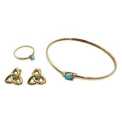 9ct gold turquoise and diamond bangle, pair of 14ct turquoise clip on earrings and a 8ct gold turquoise ring, all stamped