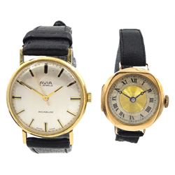 Avia 9ct gold gentleman's manual wind presentation wristwatch, hallmarked, on black leather strap and a ladies 9ct gold manual wind wristwatch, on ribbon strap
