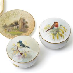 Nine hand-painted Royal Worcester items, comprising two trays painted with Worcester landscapes including 'Edgar Tower', a circular blush ivory tray painted with 'St Mary's Abbey - York', two trays and two covered trinket dishes painted with birds by Ernest Barker and H Powell, miniature jug painted by J Allen, and a Hadley Ware ewer, H11cm (9)