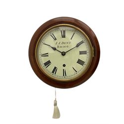  A compact early 20th century mahogany cased wall clock with an 8” painted dial c1910, with Roman numerals, minute track and steel spade hands, spun brass bezel and silver sight ring, eight day going barrel timepiece movement. Dial inscribed J.J. Dent, Brigg, (North Lincolnshire) With pendulum and key.



