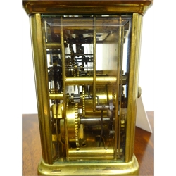  Waterbury Clock Co. brass carriage clock, twin train repeat movement striking on the hour and half hour on a bell, patented Jan 13th 1891, H14cm, a French brass carriage timepiece, H15cm (2)  