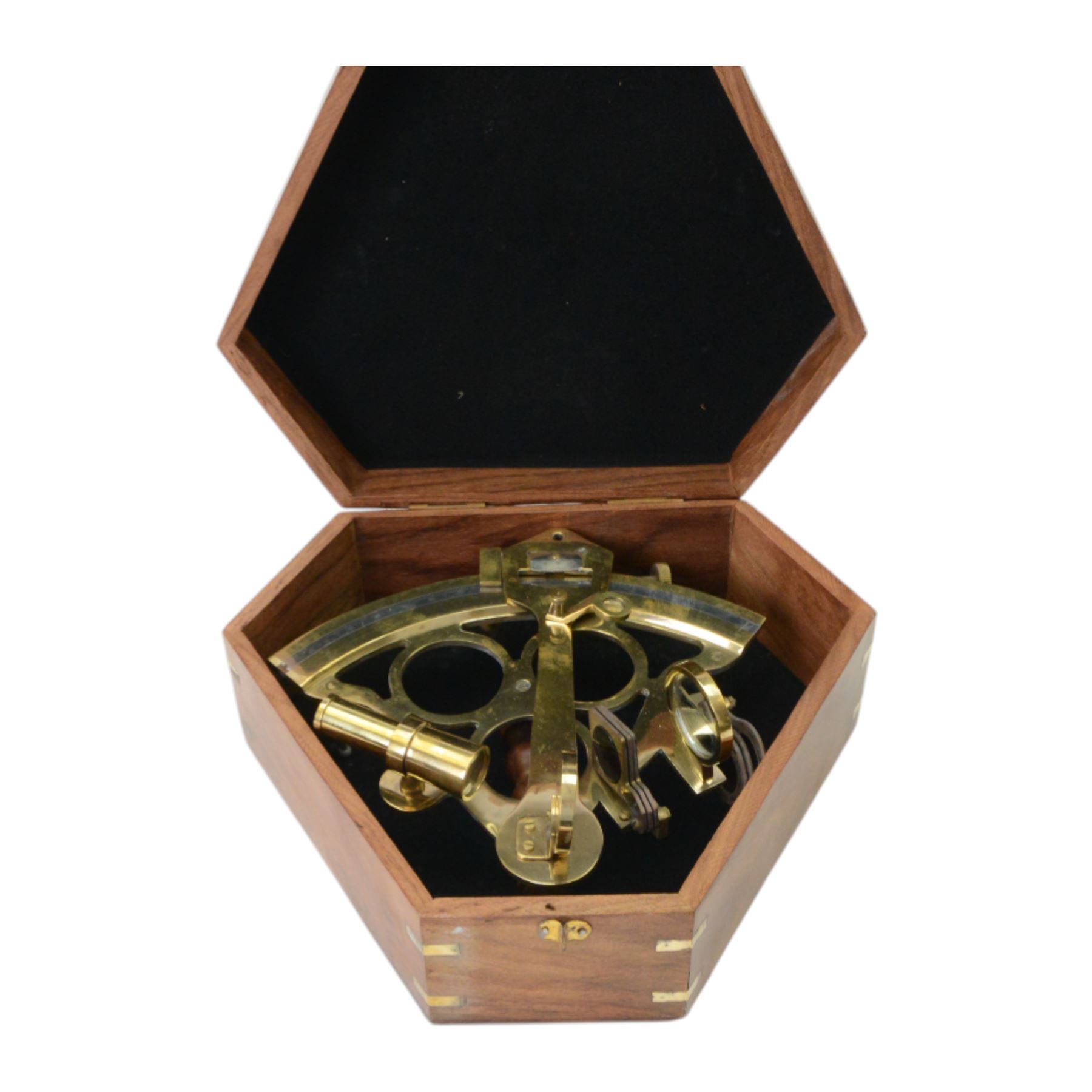 Reproduction brass sextant, in wooden case