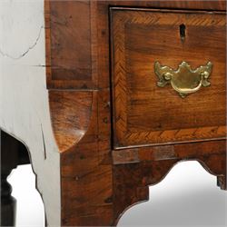 William and Mary design 18th century walnut and yew wood dresser or console table, rectangular canted top with feather banding and moulded edge, over two long and three short cock-beaded drawers, flanked by chamfered uprights above a shaped and cock-beaded apron, raised on six turned and tapering supports united by a shaped box stretcher, on lobed feet 