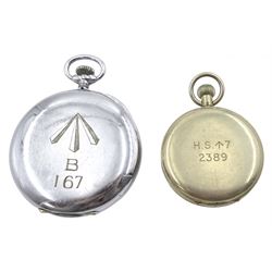 WWII military issue Royal Navy stop watch, the reverse engraved H.S. (broad arrow) 7 2389 and one other military stop watch by S.D. Neill Ltd, Belfast, the reverse engraved broad arrow B 167