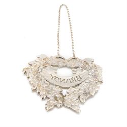 Late 20th century silver decanter label, cast in the form of a wreath of fruiting vines, with pierced 'Brandy' lettering, H7.5cm, W8cm