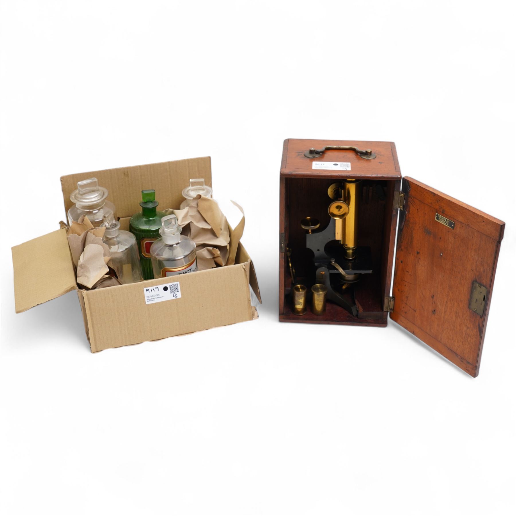 19C Brass Microscope by Watson & Sons, London in a fitted Mahogany case and five glass Chemist bottles