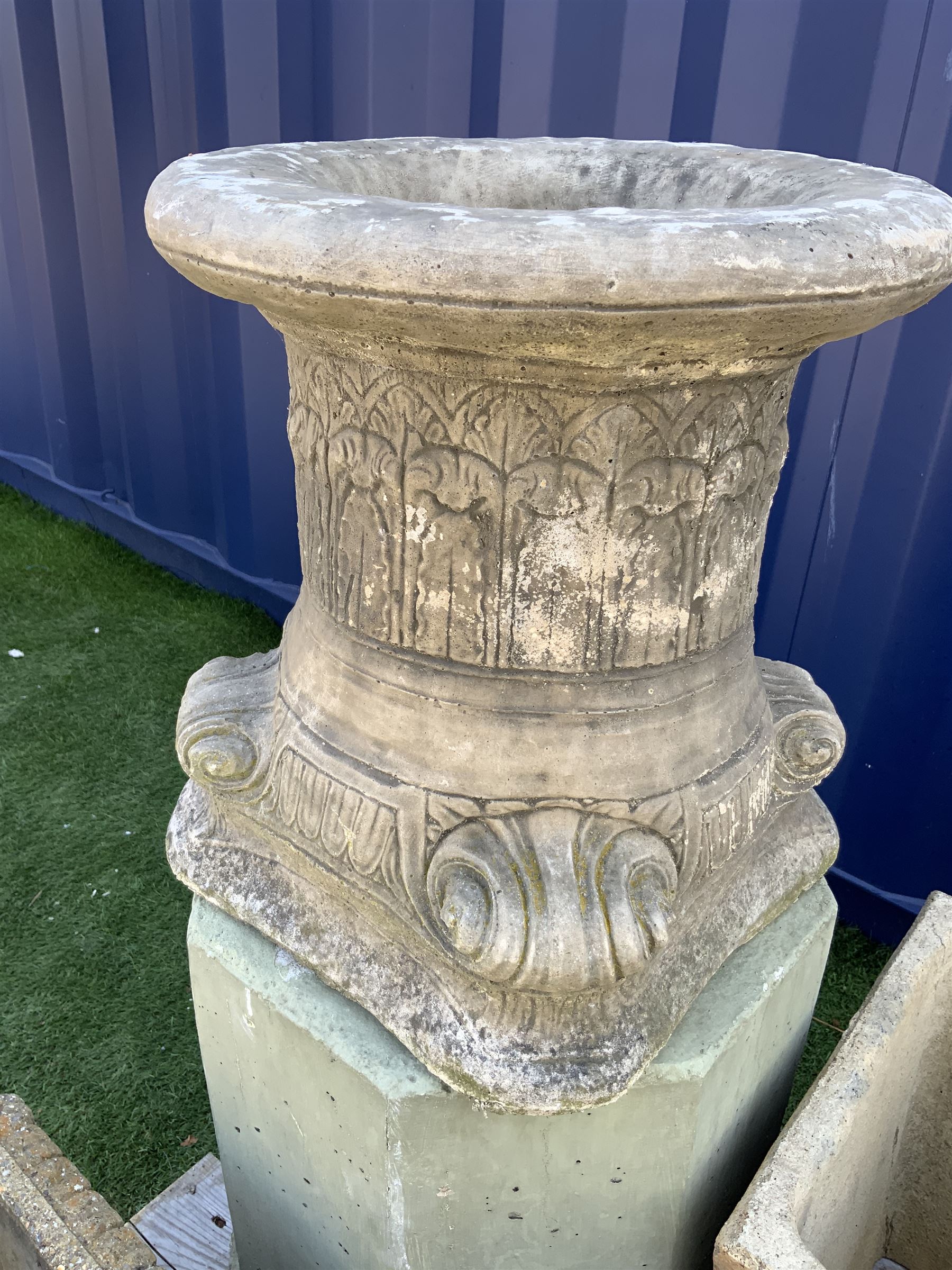 Composite stone rectangular planter, decorated with fruit swags (W54cm), circular composite planter, eight circular composite stepping/pathway stones, Corinthian type plinth, etc. - THIS LOT IS TO BE COLLECTED BY APPOINTMENT FROM DUGGLEBY STORAGE, GREAT HILL, EASTFIELD, SCARBOROUGH, YO11 3TX