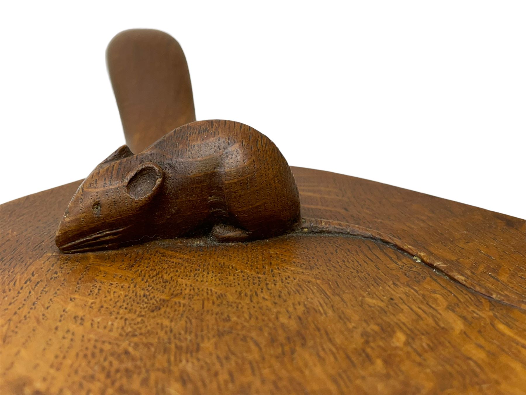 Mouseman - circa. 1940s/50s adzed oak cheese board, oval form with handle, the board carved with mouse signature, by Robert Thompson of Kilburn, L37cm D18cm 
