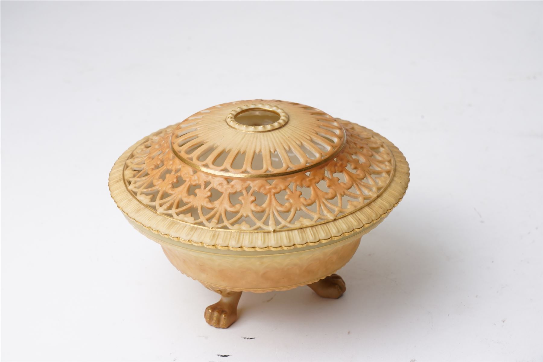 Collection of Worcester blush ivory, including a pot pourri and a pair of candlesticks by George Grainger & Co, with brown and green stamps to bases, together with a teacup and saucer with marks in puce, candlesticks H12cm 