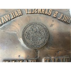 Three brass cart wheel hub caps for W. Johnson & Son Builders Hull, another for W. Harrison Builder Hull, copper printing plate for Hull & Barnsley Railway Timetable, two Hull & District Road Transport Training Group Advanced Driver car badges and framed 1952 car road task disc (8)  