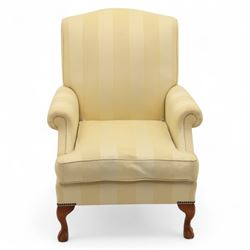 Wesley-Barrell - Georgian design traditional shaped armchair with rolled arms, sprung back and loose seat cushion upholstered in beige striped fabric with gold piping, raised on cabriole supports with ball and claw feet