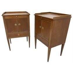 Pair of early 20th century bedside cabinets, fitted with brushing slide over cupboard and single drawer, each with gilt metal cock-beading, raised on square tapering supports