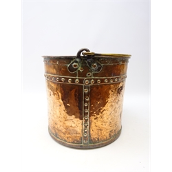  Victorian riveted copper coal bucket with brass swing handle, initialed and dated 1870, H33cm x D39cm   