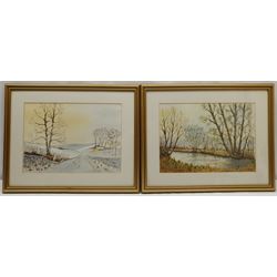 A Hunter (British 20th century): Scarborough South Bay and Helmsley, pair watercolours signed with initials 19cm x 39cm; Len Greenhalgh (British 20th century): Landscapes, pair watercolours signed 25cm x 35cm (4)
