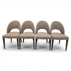 Modern oak extendable table and four chairs, extending top with stowable leaf (Extends to 152cm), chairs with brown upholstery and tapered square legs