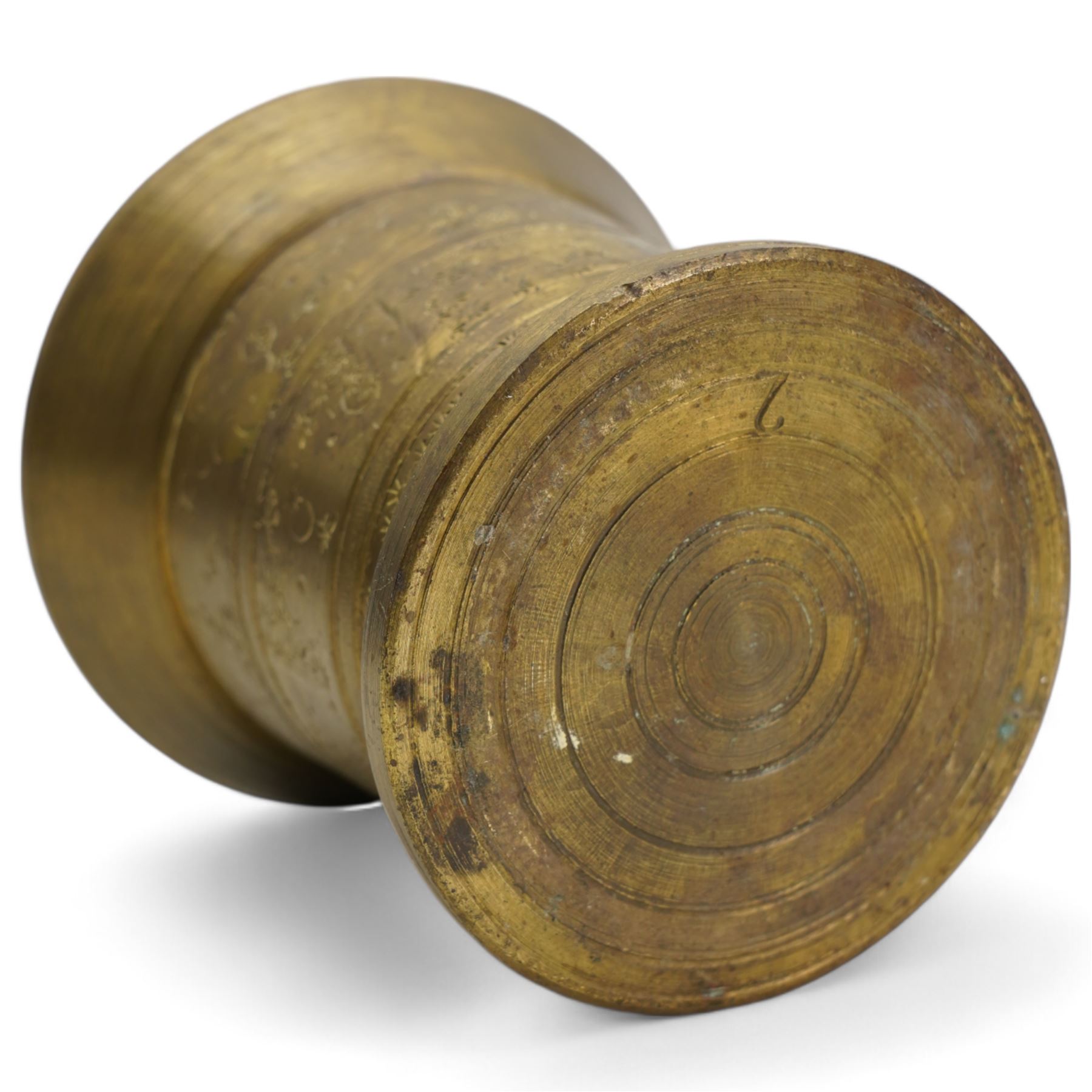 19th century Eastern bronze pestale and mortar, together with an earlier bronze mortar, H11cm (3)