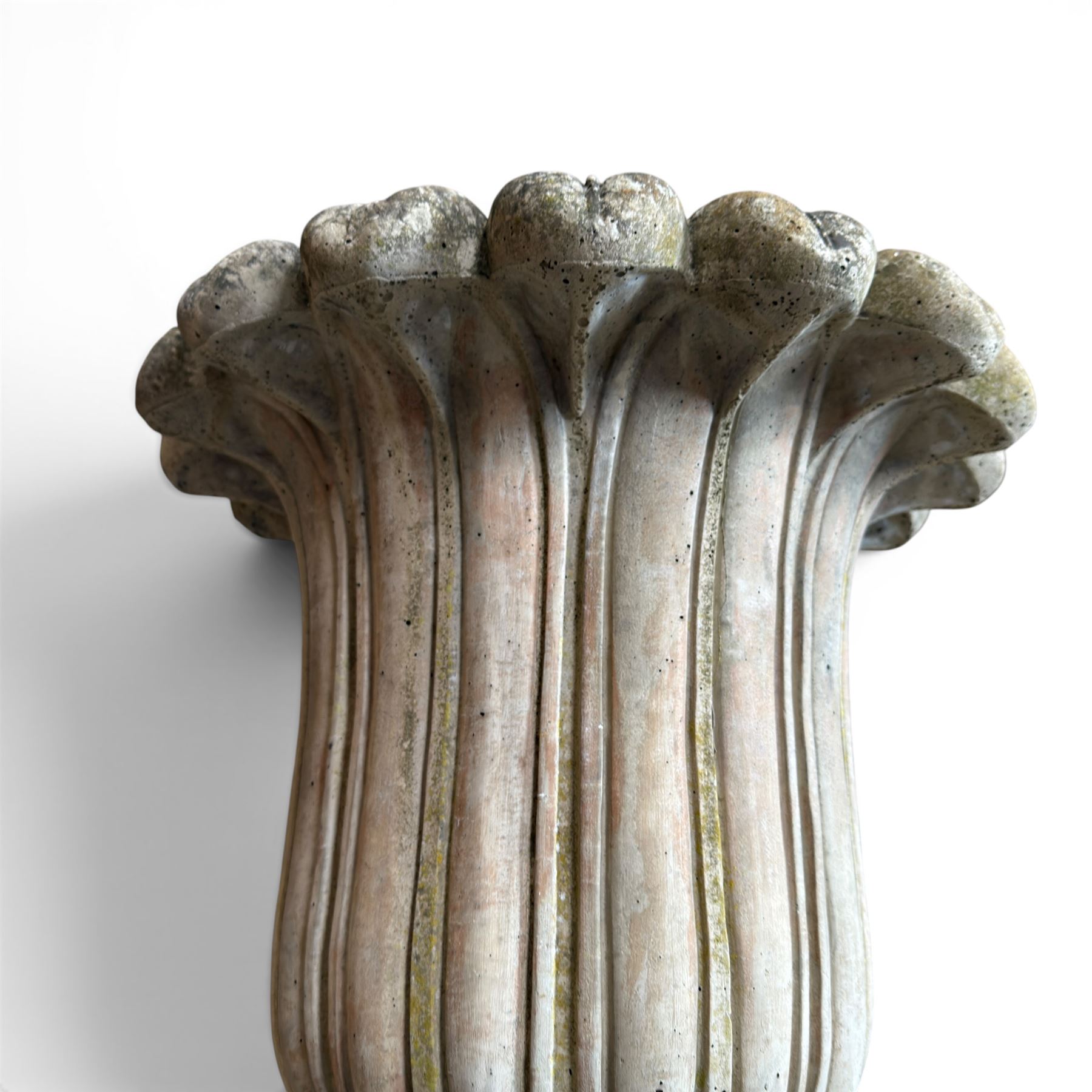 Cast stone tulip urn, petal rim with bell shaped bowl on squat base, stamped HGC; with associated plinth (2)