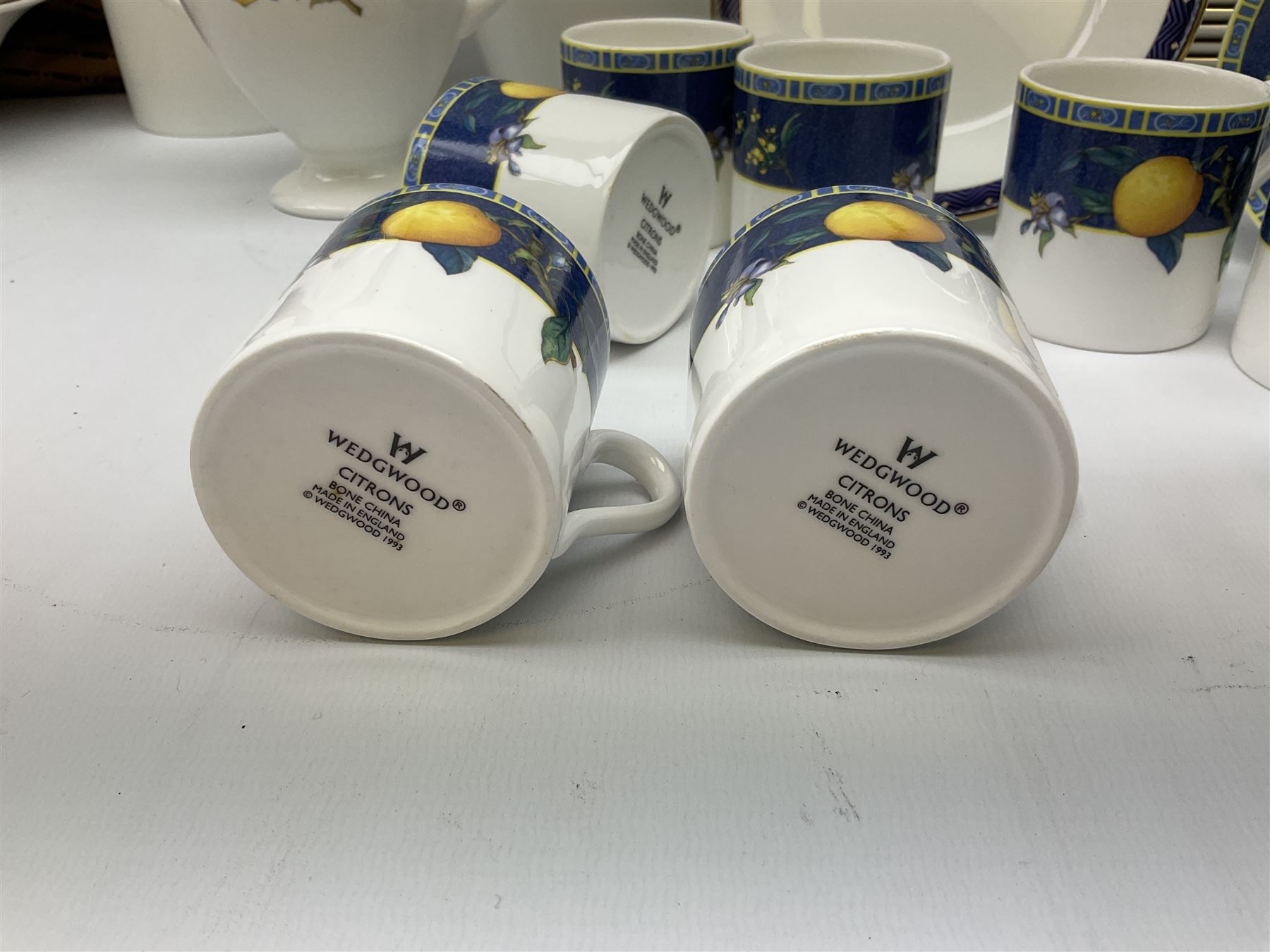 Wedgwood Midnight pattern tea and dinner wares, comprising seven cups and saucers, large jug, eight soup bowls, two large bowls, together with wedgwood citrons coffee wares