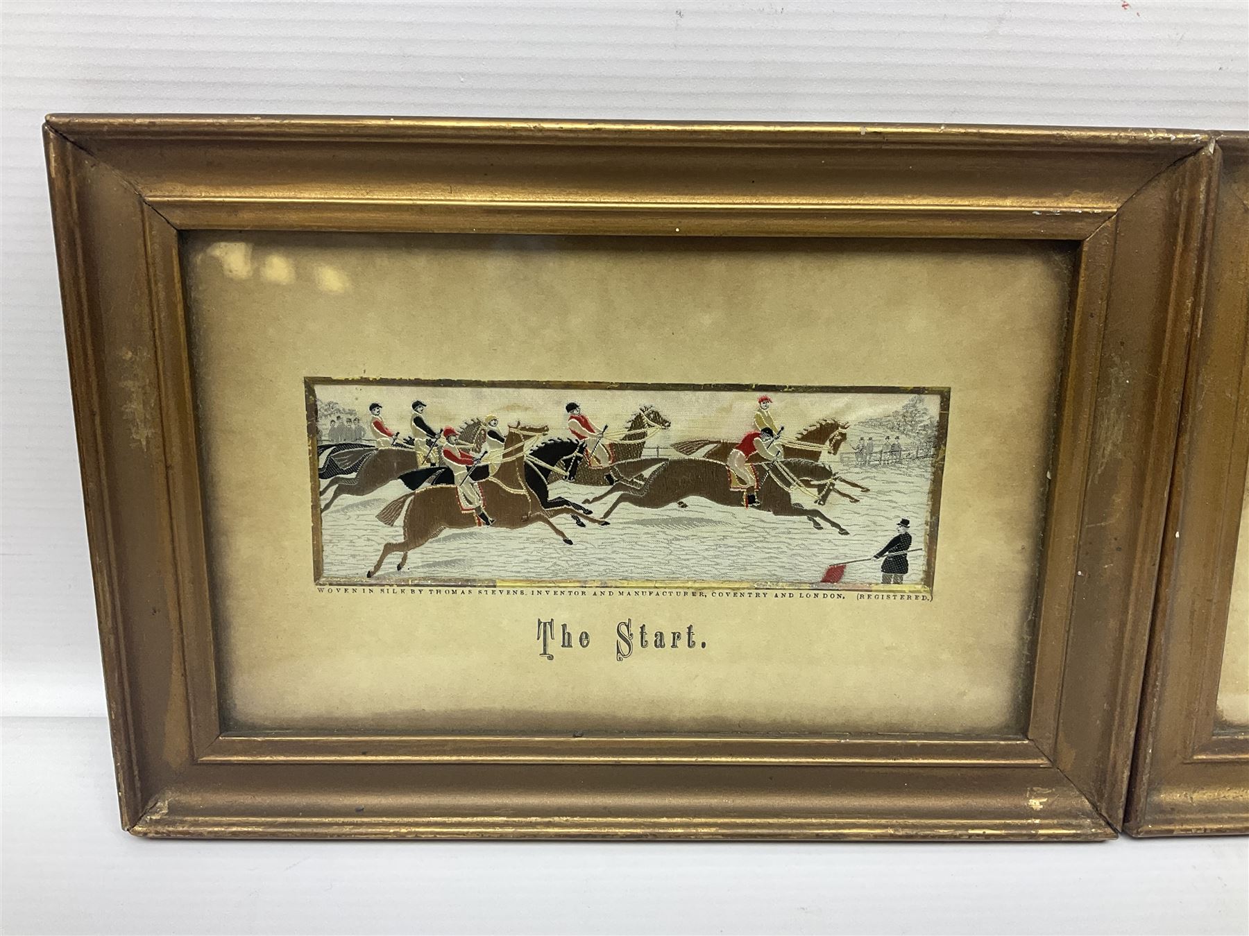 Four Royal Doulton figures, to include The Broken Lance HN 2041, The Old Balloon Seller HN 1315, The Balloon Man HN 11954 and Little Boy Blue HN 2043, together with a Coalport Ladies of Fashion figure Regina and three framed hunting silk needle works