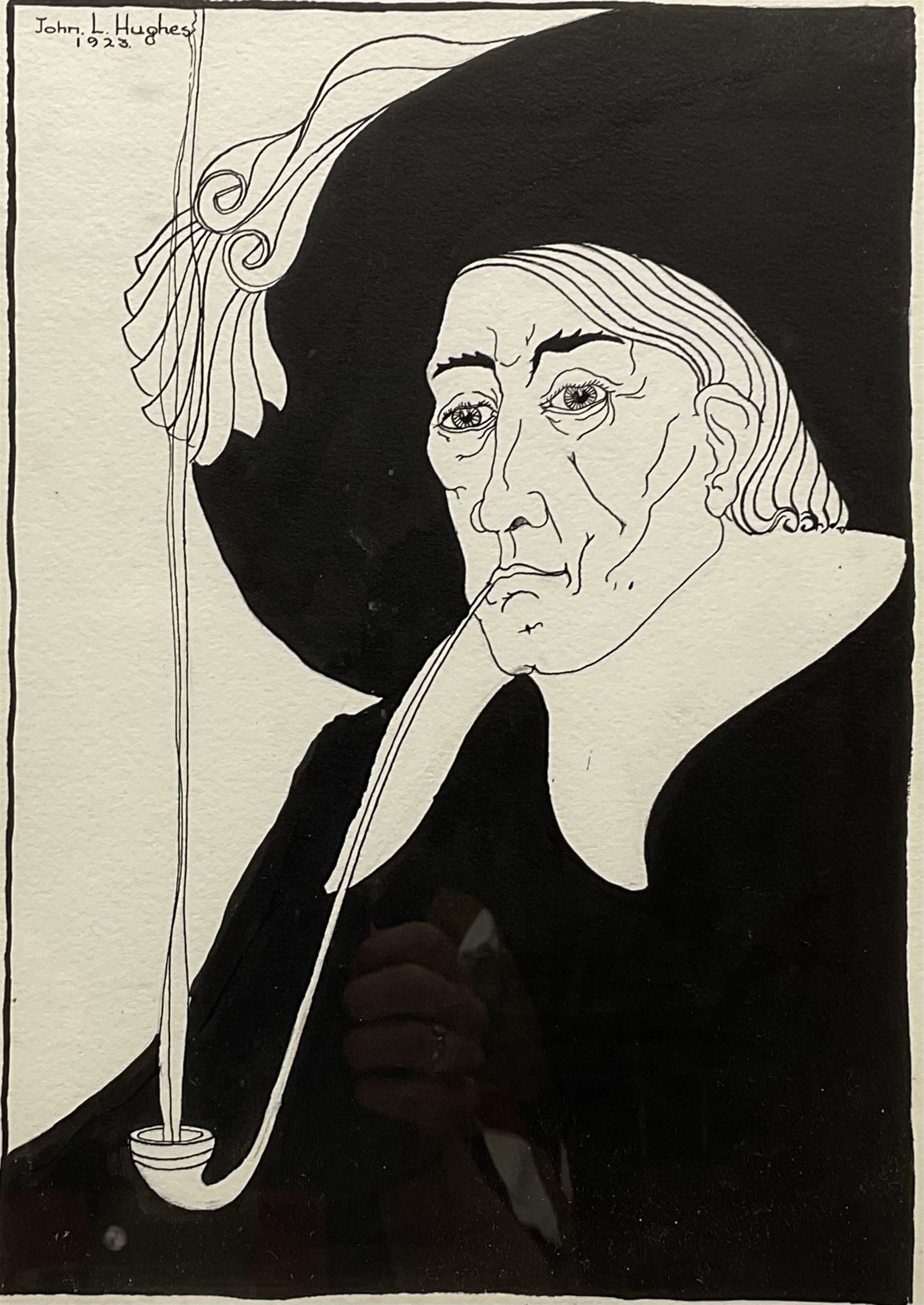 John L Hughes (British exh.1922-1927): 'The Puritan', early 20th century pen and ink drawing signed and dated 1923, titled verso with artist's address 31cm x 22cm
The word 'MENU' is faintly visible in the gentleman's jacket but has been overpainted, and as such this illustration was likely used for the cover of a menu.