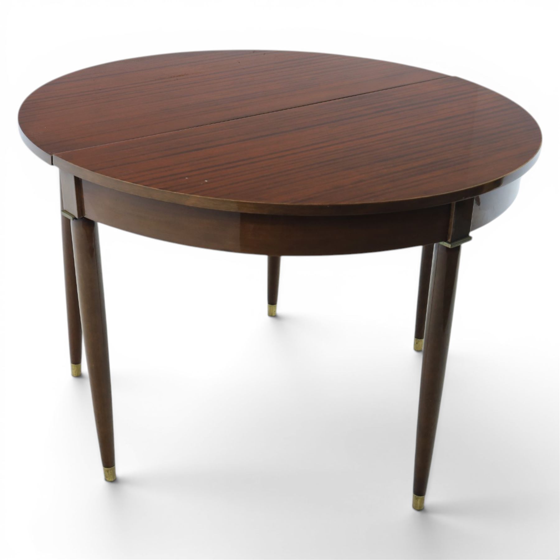 Regency design mahogany demi-lune console dining table, fold-over top extending to circular table, raised on round tapering legs