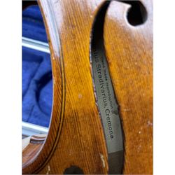 Early 20th century German Ernst Kreusler violin with 36cm two-piece maple back and ribs and spruce top, bears label 'Ernst Kreusler Dresden Anno 1925  Hand made reproduction of Antonius Stradivarius Cremona', overall L59cm; in hard carrying case