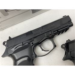 Two Bersa Thunder 9 Pro CO2 BB pistols, serial nos.21M142216 and 20J12270, L30cm overall; one in original box with paperwork  NB: AGE RESTRICTIONS APPLY TO THE PURCHASE OF AIR WEAPONS.