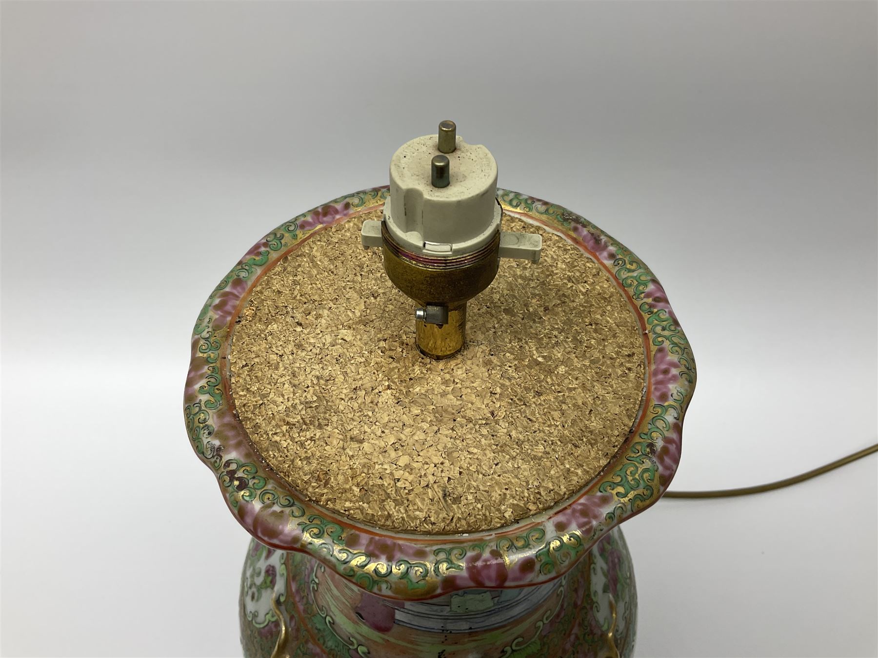 19th century Chinese Canton Famille Rose vase, decorated with figural panels against floral and foliate scroll ground, converted to a lamp, H46cm