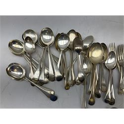 Four butter knives with hallmarked silver handles together with a Quantity of silver-plated cutlery stamped Ashberry and other stainless steel cutlery