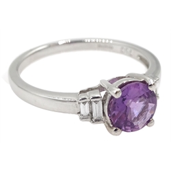 18ct white gold fancy purple sapphire ring, with baguette diamond shoulders, hallmarked
