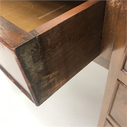  Mid 20th century walnut twin pedestal desk, three piece inset leather top, nine drawers, shaped plinth base, W117cm, H76cm, D85cm  