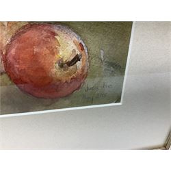 Jean Jones (Irish 20th century): 'Apples and Flowers', watercolour signed and dated 2001 together with brass rubbing of Jane Coningsbie (d.1608) from the Church of Saint Margaret at Felbrigg Norfolk max 104cm x 39cm (2)