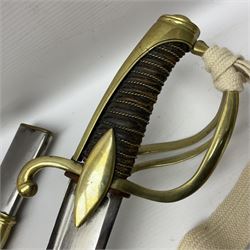 19th century French Chasseur a Cheval de la Guard trooper's sword with 86.5cm slightly curving fullered blade, brass three-bar hilt with elongated elliptical langets and wire-bound leather grip; in polished steel scabbard with two brass suspension rings L104cm overall