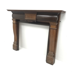 Late Victorian oak fire surround, moulded cornice, dentil frieze, shaoed and reeded supports, W183cm, H141cm, D30cm