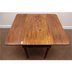  19th century mahogany drop leaf Pembroke table, single drawer, turned supports, W96cm, H75cm, D107cm  